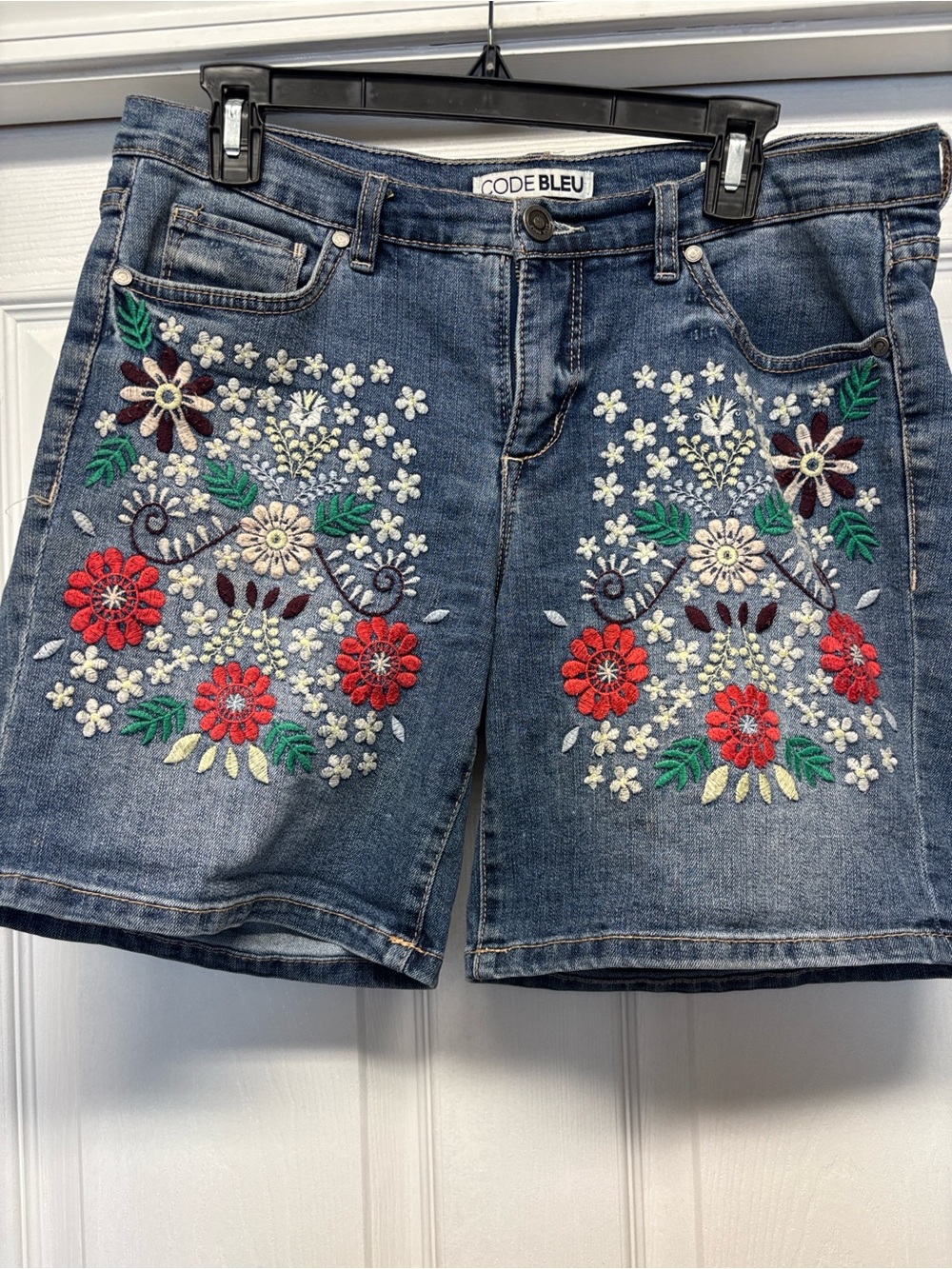 Code Bleu Floral Embroidered Denim Shorts - Daisy & Red & Green-Stretchy 6